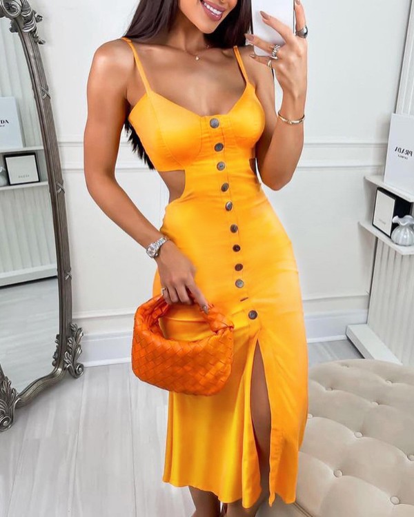 Button Decor Cutout Backless Slit Bodycon Dress