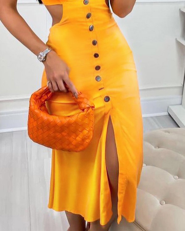 Button Decor Cutout Backless Slit Bodycon Dress