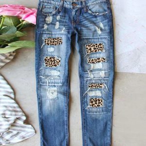 Cheetah Pattern Ripped High Waist Jeans