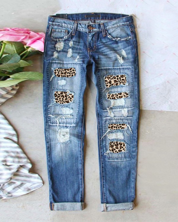 Cheetah Pattern Ripped High Waist Jeans