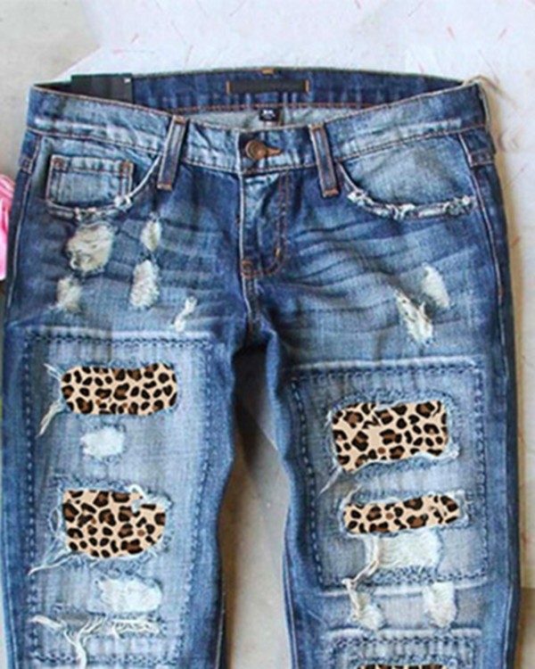 Cheetah Pattern Ripped High Waist Jeans