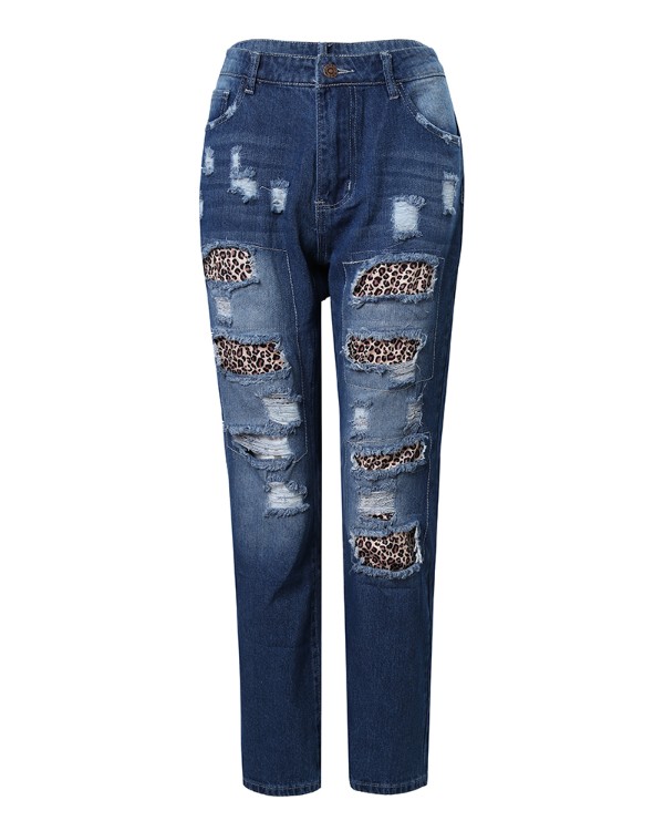 Cheetah Pattern Ripped High Waist Jeans