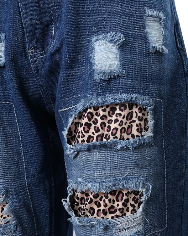 Cheetah Pattern Ripped High Waist Jeans