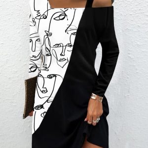 Abstract Figure Print Colorblock Cold Shoulder Casual Dress