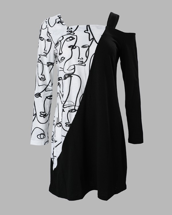 Abstract Figure Print Colorblock Cold Shoulder Casual Dress