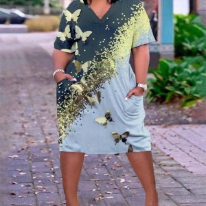 Butterfly Print Colorblock Pocket Design Casual Dress