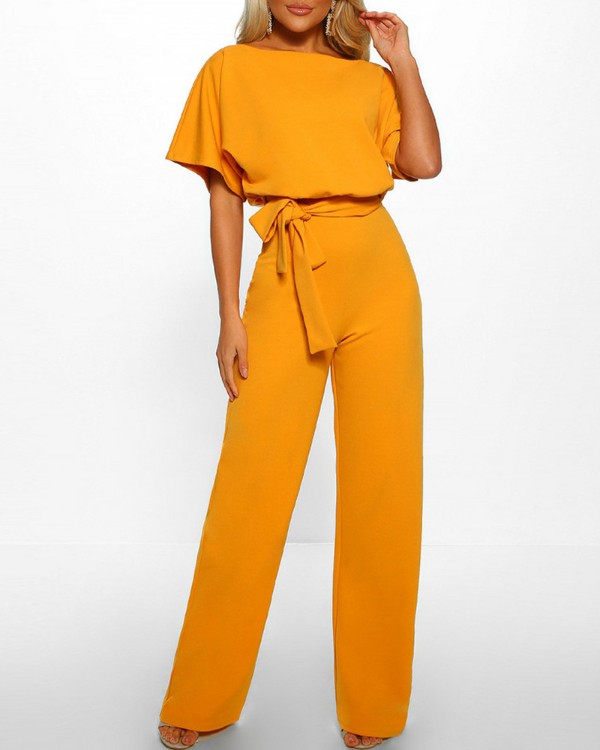 Batwing Sleeve Keyhole Back Belted Jumpsuit