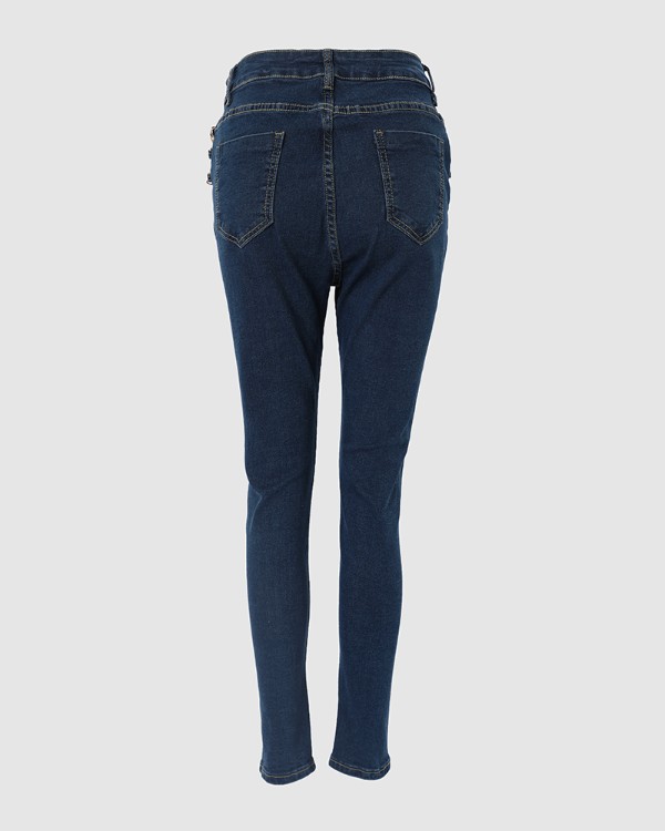 Chain Decor Cutout Button Fly Skinny Jeans