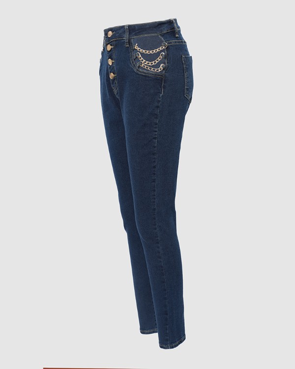 Chain Decor Cutout Button Fly Skinny Jeans