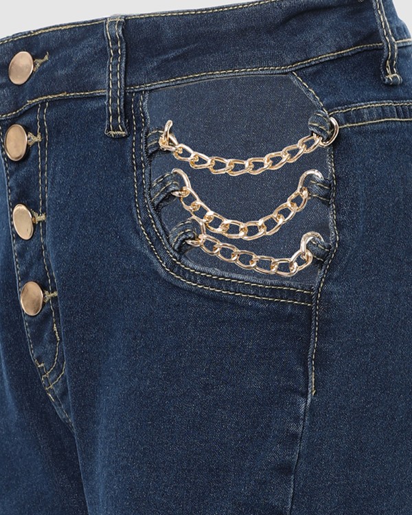 Chain Decor Cutout Button Fly Skinny Jeans