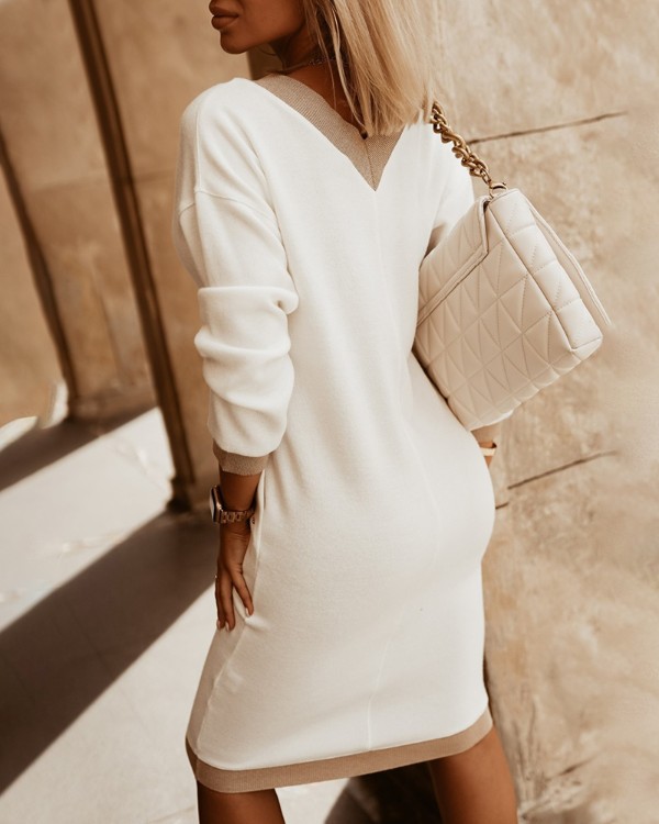 Contrast Paneled V-Neck Long Sleeve Dress