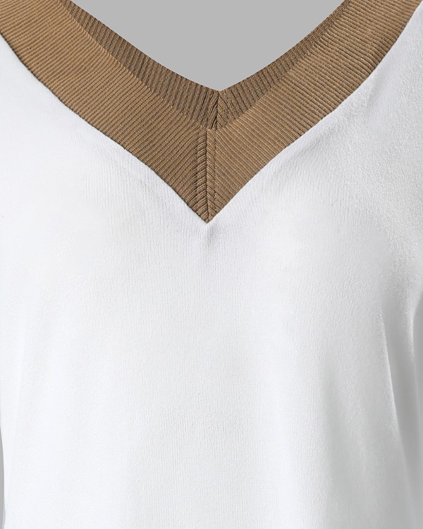 Contrast Paneled V-Neck Long Sleeve Dress