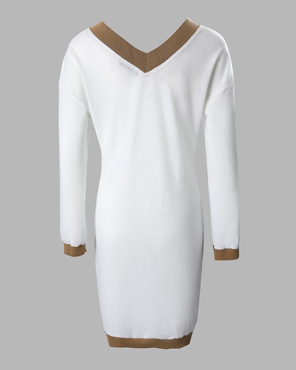 Contrast Paneled V-Neck Long Sleeve Dress