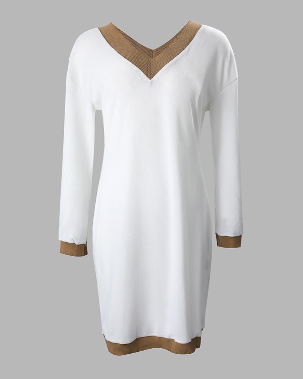 Contrast Paneled V-Neck Long Sleeve Dress