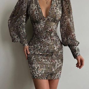 Allover Print Puff Lantern Sleeve Vintage Bodycon Dress