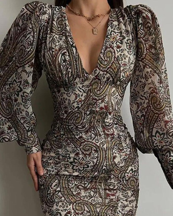 Allover Print Puff Lantern Sleeve Vintage Bodycon Dress