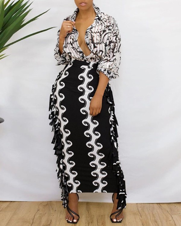 Tassel Design Graphic Print Maxi Skirt