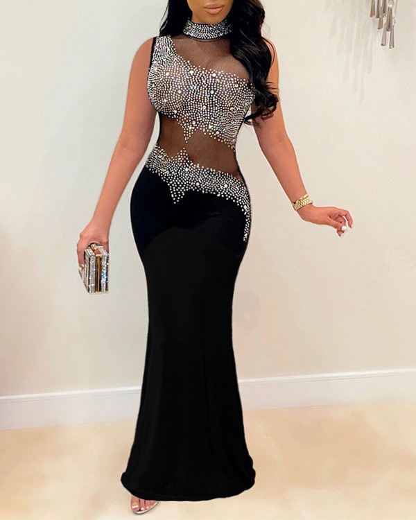 Rhinestone Decor Sheer Mesh Evening Dress