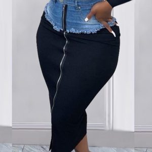 Denim Patch Zipper Design Maxi Skirt
