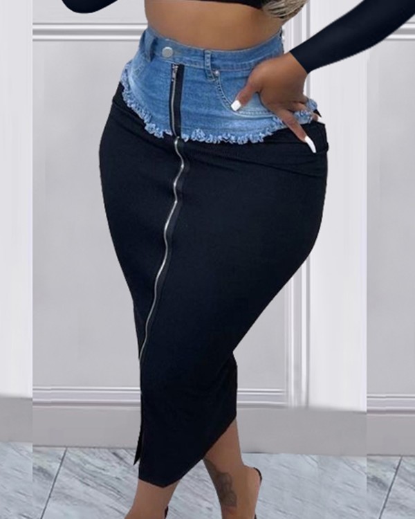 Denim Patch Zipper Design Maxi Skirt