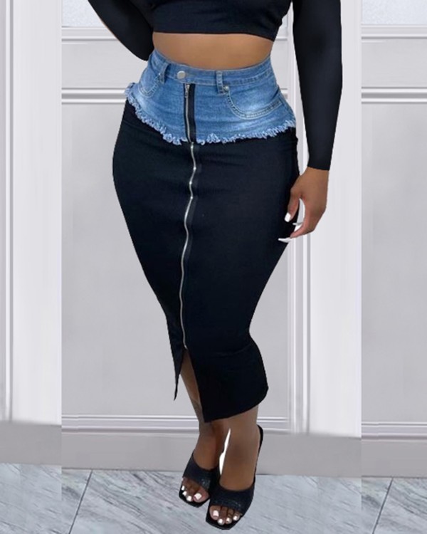 Denim Patch Zipper Design Maxi Skirt