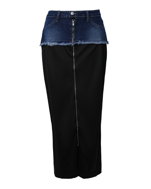 Denim Patch Zipper Design Maxi Skirt