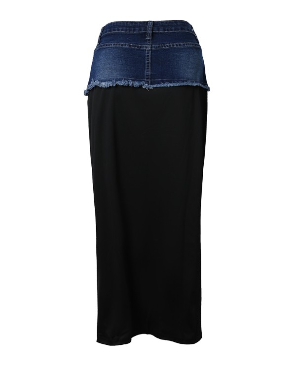 Denim Patch Zipper Design Maxi Skirt