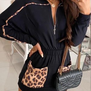 Cheetah Print Colorblock Pocket Design Casual Dress