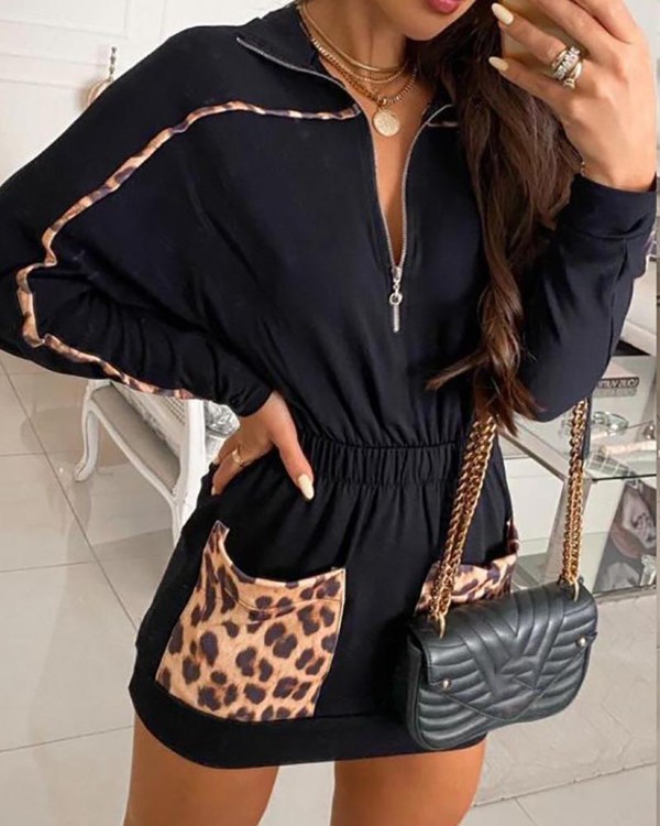 Cheetah Print Colorblock Pocket Design Casual Dress