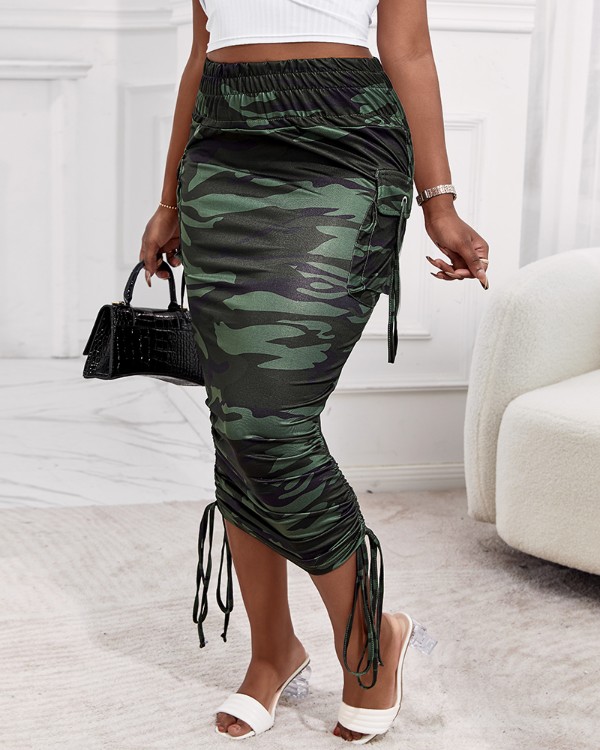 Camouflage Print Pocket Design Ruched Maxi Skirt