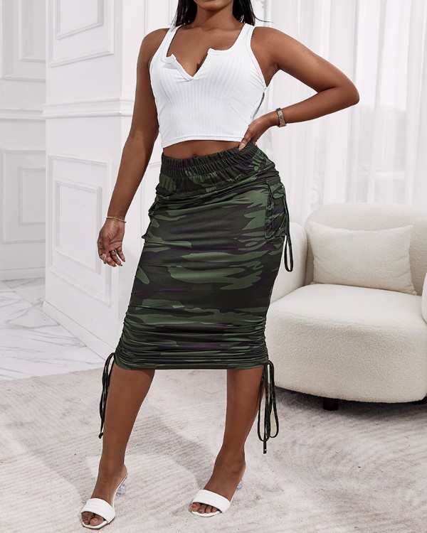 Camouflage Print Pocket Design Ruched Maxi Skirt