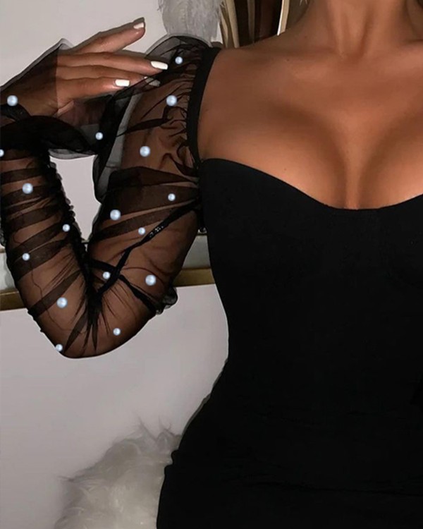 Beaded Contrast Mesh Puff Sleeve Bodycon Dress