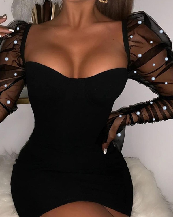 Beaded Contrast Mesh Puff Sleeve Bodycon Dress