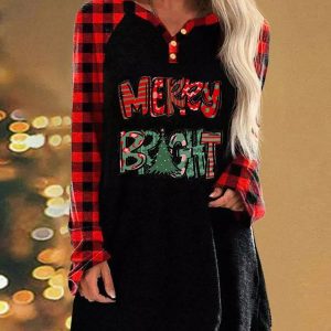 Christmas Tree Plaid Print Long Sleeve Casual Dress