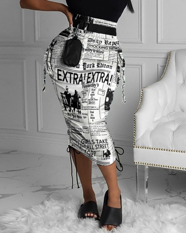 Newspaper Print Drawstring Ruched Skirt