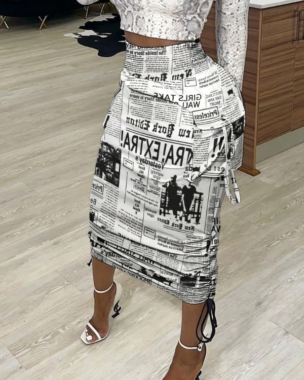 Newspaper Print Drawstring Ruched Skirt