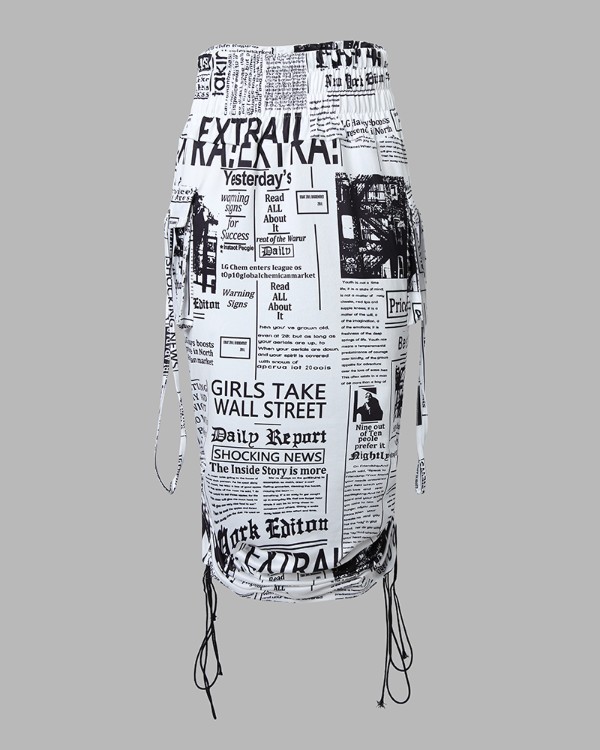 Newspaper Print Drawstring Ruched Skirt