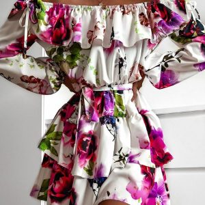 Floral Print Off Shoulder Long Sleeve Ruffle Trim Dress