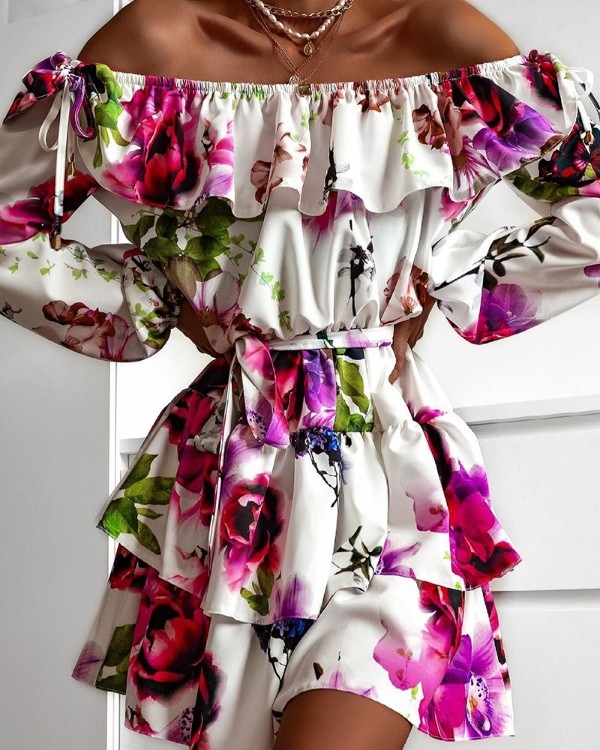 Floral Print Off Shoulder Long Sleeve Ruffle Trim Dress