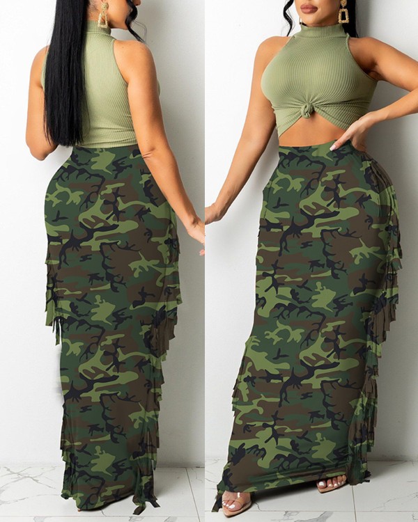 Camouflage Print Tassel Design Skirt