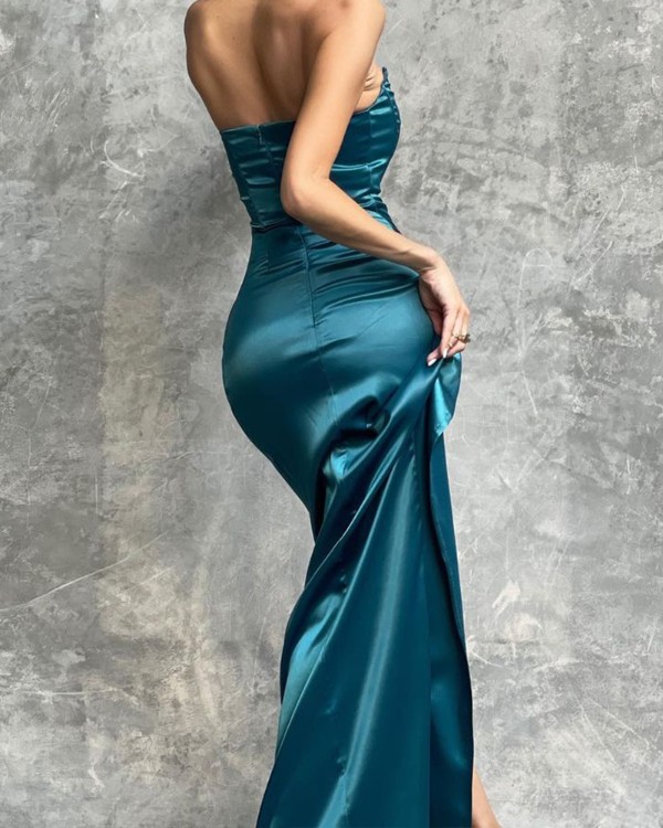 Satin Bandeau Twist Slit Skinny Dress