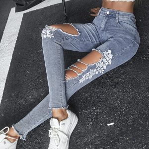 Contrast Lace Cutout Ripped Raw Hem Skinny Jeans