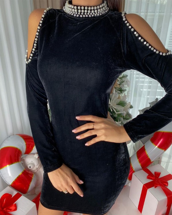 Beaded Cold Shoulder Velvet Bodycon Dress