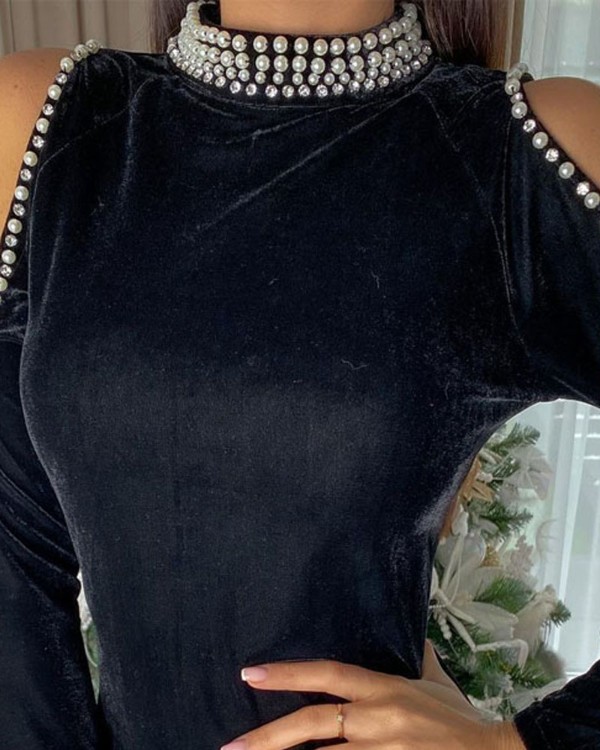 Beaded Cold Shoulder Velvet Bodycon Dress