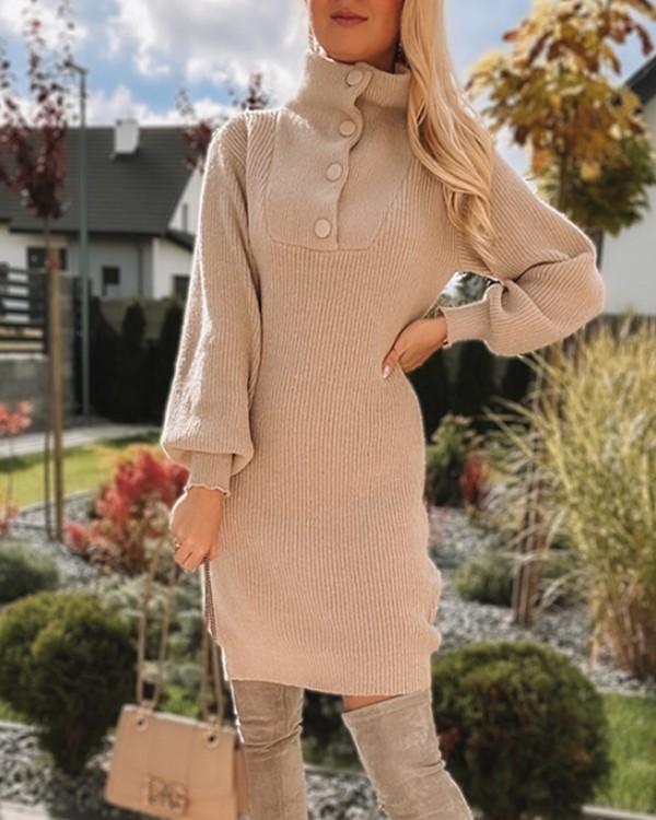 Button Front Lantern Sleeve Sweater Dress