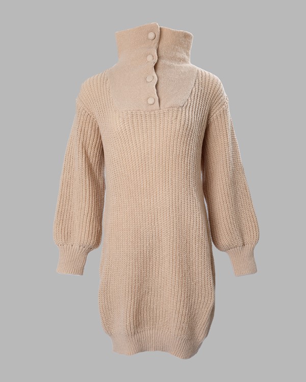 Button Front Lantern Sleeve Sweater Dress