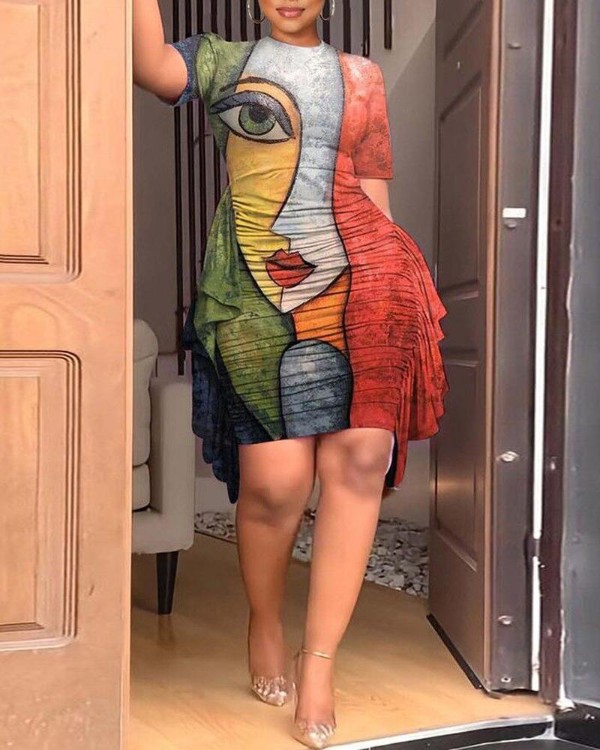 Abstract Figure Print Ruffle Hem Ruched Casual Dress