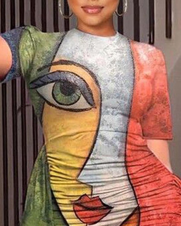 Abstract Figure Print Ruffle Hem Ruched Casual Dress