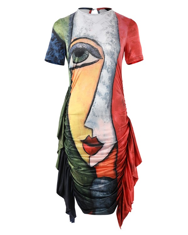 Abstract Figure Print Ruffle Hem Ruched Casual Dress