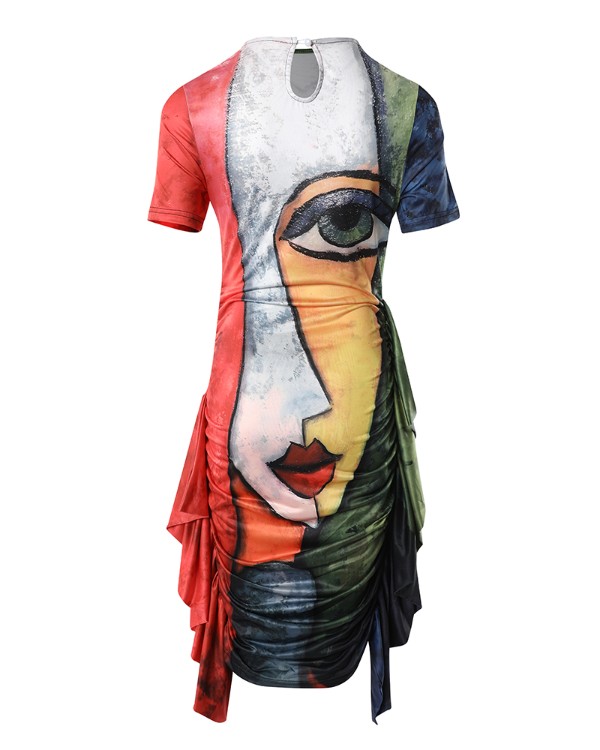Abstract Figure Print Ruffle Hem Ruched Casual Dress